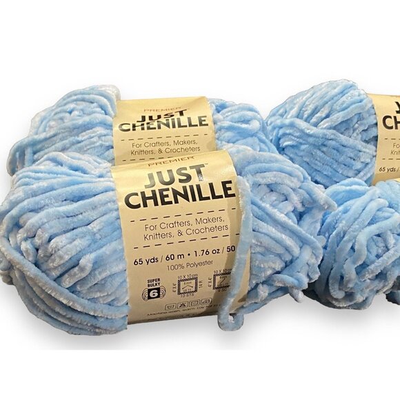Lot Of 4 Skeins Super Bulky Just Chenille Yarn - Light Blue 65yd 100% Polyester - Picture 2 of 3